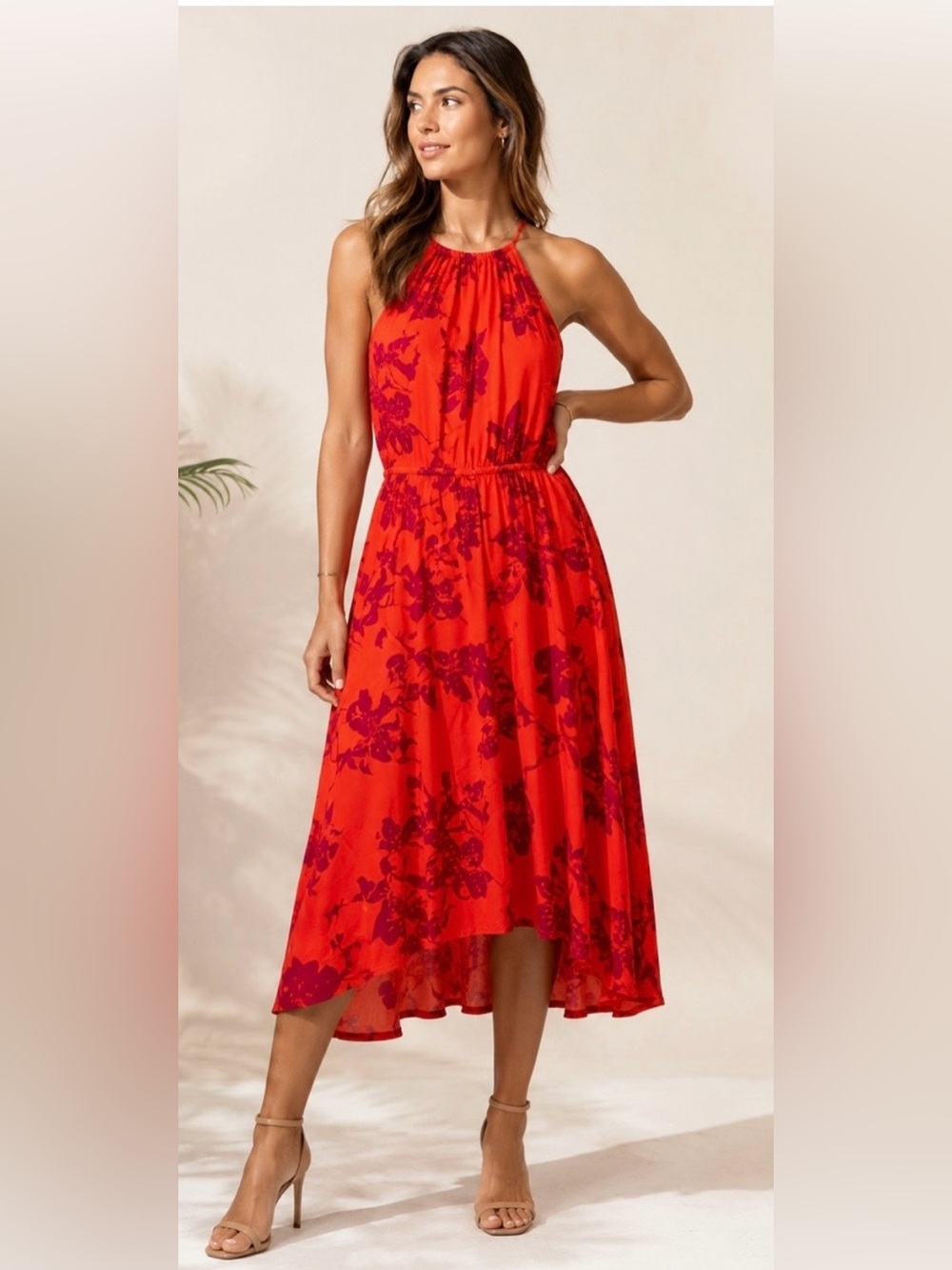 Banana Republic 100% Silk Floral High Low Midi Dress Orange Plum 8